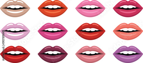 Expressive Female Lips Outline Icon Set  Smiling Mouths with Teeth and Lipstick Styles