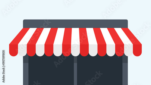 Illustration of a classic storefront window with a red and white striped awning evokes a sense of local business and shopping.