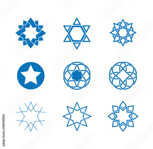 collection of blue star and snowflake shapes on white background