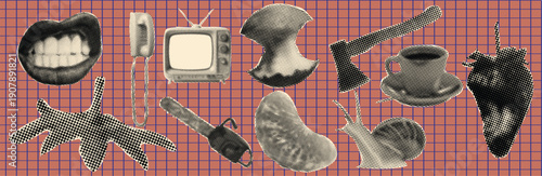 Surreal Collage of Mouths, Hearts, Tools, and Nature Motifs in Abstract Vintage Style