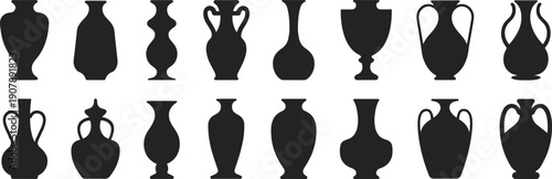 Collection of ancient ceramic vase silhouettes, classical amphora and pottery shapes set, Greek and Roman urn outlines, decorative vessel icons isolated on white.