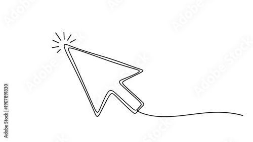 Continuous line drawing of a computer mouse cursor arrow pointing upwards with click marks symbolizes navigation and technology.