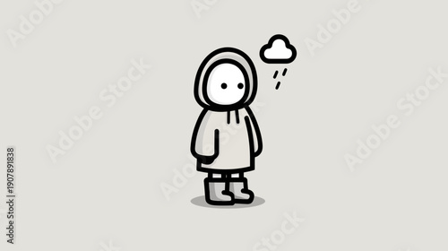 A simple illustration of a figure in a hooded raincoat and boots, with a raincloud