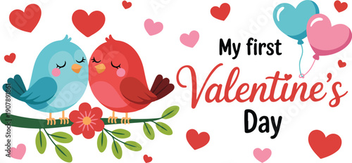 My First Valentine’s Day Outline Illustration Cute Love Birds, Hearts, and Baby Holiday Joy