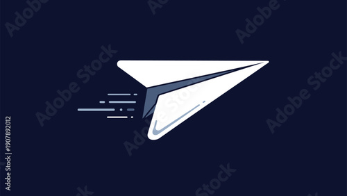 Minimalist white paper airplane icon flying rapidly with motion lines across a dark blue background symbolizes speed and messaging.