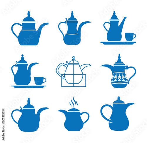 Collection of various teapot and tea cup icons in blue on white background