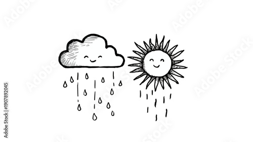 Whimsical drawing of a smiling sun and cloud, each with raindrops or sunbeams, on a white background