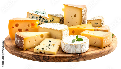 Assortment of diverse cheese wedges displayed on a wooden platter