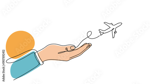 Continuous line drawing of a hand launching a small paper airplane with colorful abstract shapes representing dreams and goals.
