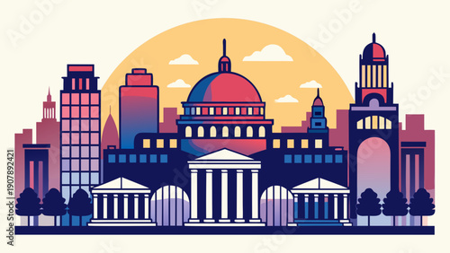 Very beautiful skyline silhouette logo illustration of Massachusetts Institute of Technology (MIT) in Cambridge, Massachusetts, USA, emphasizing iconic academic landmarks in a minimalist visual style.