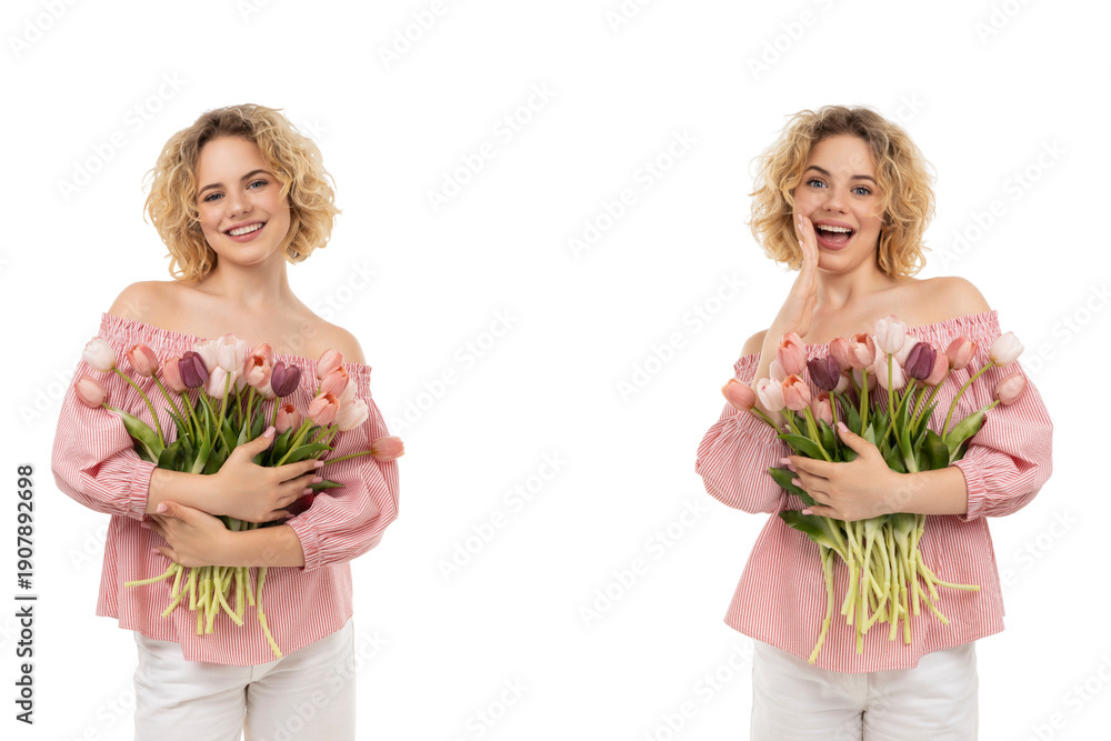 Obraz premium Girl holding tulips smiling and celebrating Women's Day, isolated, PNG