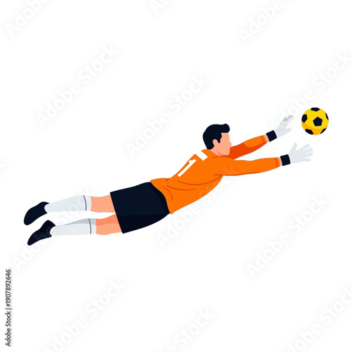Goalkeeper in orange jersey diving to save a soccer ball during a game, athletic sports illustration