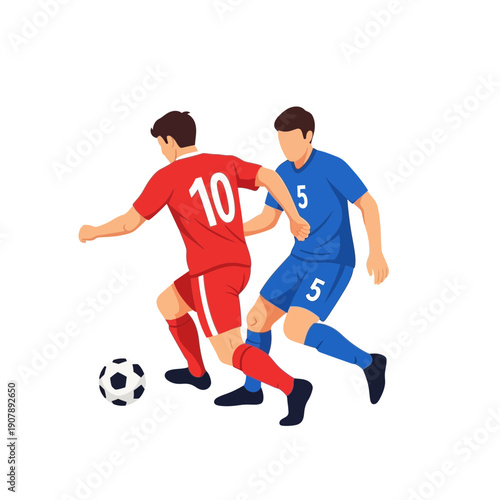 Dynamic illustration of two male soccer players in action, demonstrating skill and competition during a football match, dribbling and defending on a white background