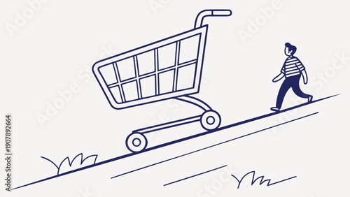 Person pushing shopping cart uphill with determination