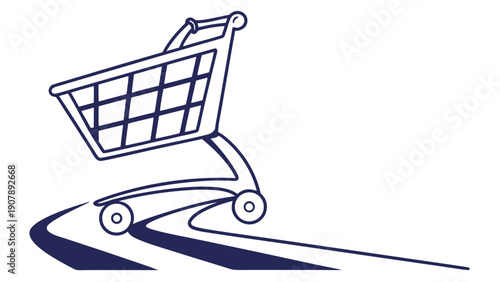 Dynamic shopping cart icon moving swiftly on a curved path