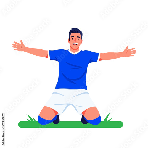 Excited soccer player celebrating on the field with arms wide open, expressing joy and triumph after scoring a goal