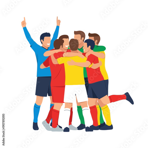 Happy football players celebrating a victory in a team hug, arms raised in triumph, showing unity and sportsmanship