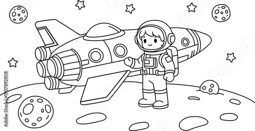 Astronaut lunar exploration coloring illustrations, with backgrounds adorned with stars and craters, suitable for children's picture book pages, aerospace science exhibition boards