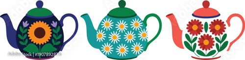 Decorative Floral Teapot Outline Set  Sunflower, Daisy, and Vintage Patterns