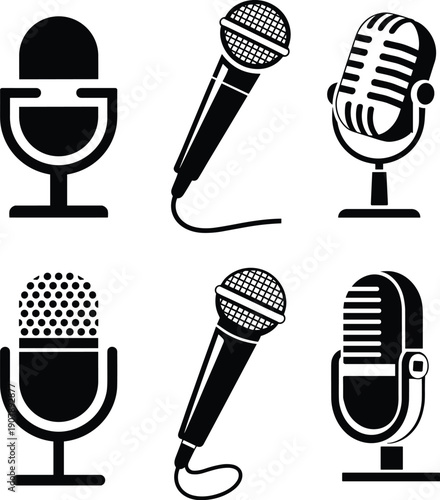 Microphone icon set in black silhouette style featuring studio, handheld and vintage microphones for music, podcast, broadcasting and audio recording isolated on white background.