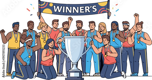 Flat 2D vector, Happy Business Team Celebrating Winner Trophy Isolated on Transparent Background
