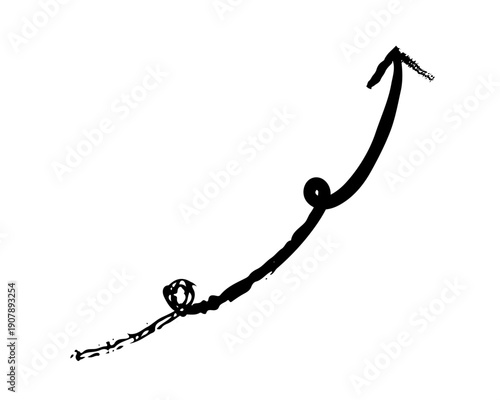 Rapid arrow swoops upward in with two small loops grunge doodle design element. Progress path. Momentum. Handdrawn pointer. Dynamic sketchy rough direction clipart. Distressed black ink line symbol