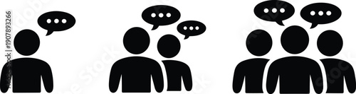 People communication icon set showing single person and group discussion with speech bubbles, conversation and social interaction symbols isolated on white background.