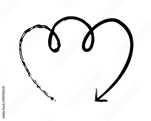 Three rounded loops arrow downward-pointing grunge doodle design element. Smooth triple curves. Flow. Handdrawn pointer. Dynamic sketchy rough direction clipart. Distressed black ink line symbol