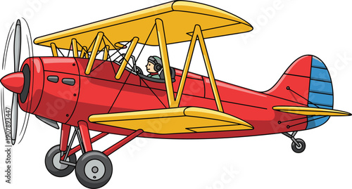 Vector Illustration of a Vintage Red Biplane with Yellow Wings and a Pilot in the Cockpit for Aviation and Travel Design (20 words)
