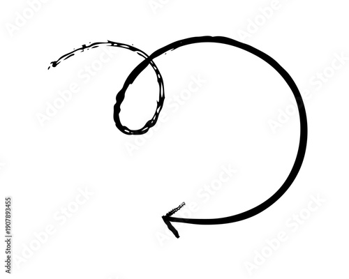 Big round arrow with loop grunge doodle design element. Circular curve turning sharply left. Playful swirl. Handdrawn pointer. Dynamic sketchy rough direction clipart. Distressed black ink line symbol