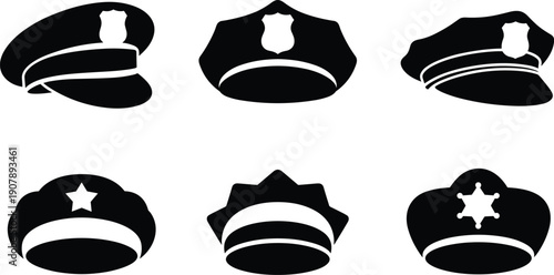 Police hat icon set in black silhouette style featuring law enforcement caps with badge symbols, security authority and officer uniform elements isolated on white background.