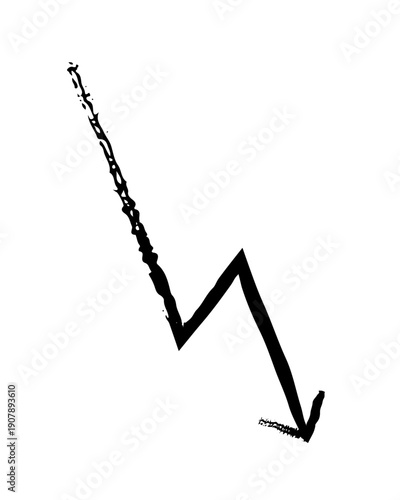 Sharp angular lightning arrow grunge doodle design element. Zigzag pointing downward. Jagged sudden drop. Handdrawn pointer. Dynamic sketchy rough direction clipart. Distressed black ink line symbol