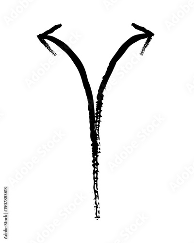 Two choices arrow grunge doodle design element. Split into left and right curved paths. Branching forked. Handdrawn pointer. Dynamic sketchy rough direction clipart. Distressed black ink line symbol