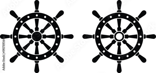 Ship steering wheel icon set in black silhouette style featuring nautical helm symbols, marine navigation and sea transport design elements isolated on white background.
