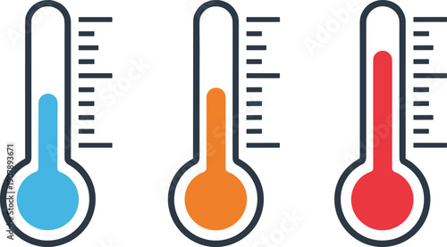 Thermometer icon set showing low, medium and high temperature levels in blue, orange and red colors, weather and climate measurement symbols isolated on white background.