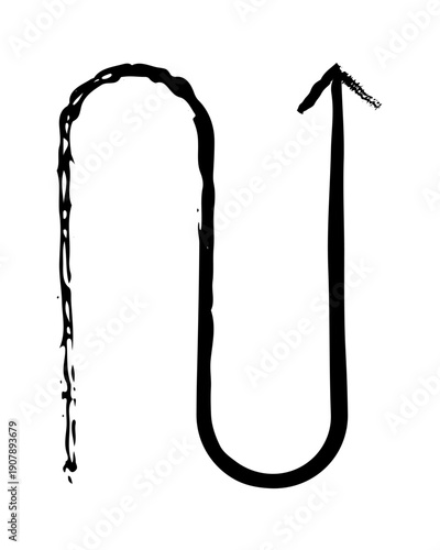 Smoothly bent arrow with U-turn shape grunge doodle design element. Redirection icon. Sharp curved path. Handdrawn pointer. Dynamic sketchy rough direction clipart. Distressed black ink line symbol