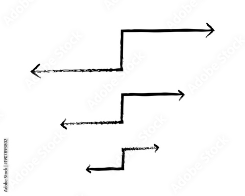 Two-sided arrows grunge doodle design element set. Opposing pointing left and right. Mirrored path. Handdrawn pointers. Dynamic sketchy rough direction cliparts. Distressed black ink line symbols