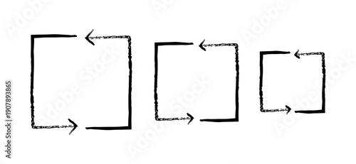 Square-shaped arrow paths pointing left grunge doodle design element set. Looping structure. Repetition. Handdrawn pointers. Dynamic sketchy rough direction cliparts. Distressed black ink line symbols