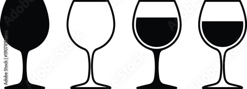 Wine glass icon set in solid and outline styles featuring empty and filled goblets, alcohol beverage symbols for bar, restaurant and menu design isolated on white background.