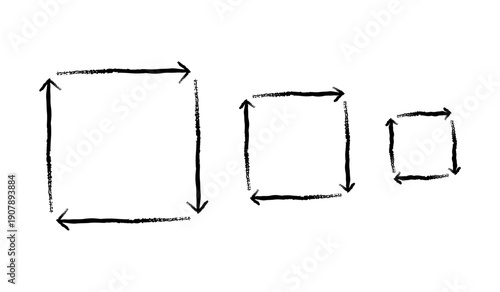 Square arrows in clockwise rotation grunge doodle design element set. Process flow. Continuous movement. Handdrawn pointers. Dynamic sketchy rough direction cliparts. Distressed black ink line symbols