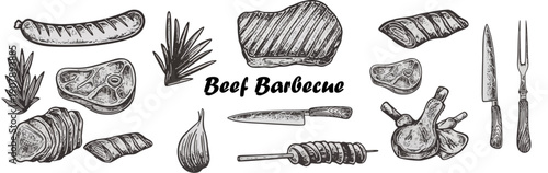 Vintage beef barbecue and grilled meat illustration set. Hand drawn engraving vector of steak, sausage, ribs, and BBQ tools for restaurant menu and butchery design.