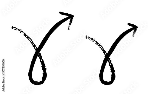 Curved loop arrows grunge doodle design element set. Upward curve and twist pointing up. Artistic bend. Handdrawn pointers. Dynamic sketchy rough direction cliparts. Distressed black ink line symbols