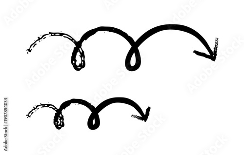 Playful loop arrows grunge doodle design element set. Repeating looped curves and final downward point. Handdrawn pointers. Dynamic sketchy rough direction cliparts. Distressed black ink line symbols