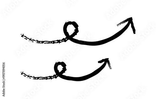 Playful upward curve arrows with loop grunge doodle design element set. Creative process with twist. Handdrawn pointers. Dynamic sketchy rough direction cliparts. Distressed black ink line symbols