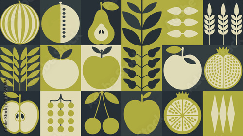 A modern minimalist illustration showcasing fruit and foliage in a grid pattern from a direct viewpoint