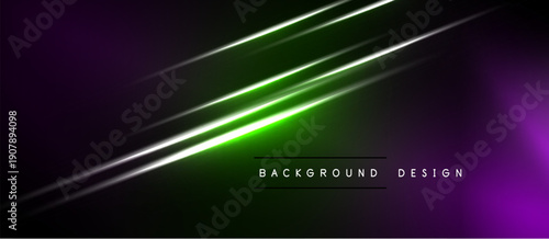 Dark background features vibrant neon lines. Gradient transitions from purple to green create dynamic visual effect. Modern design element.