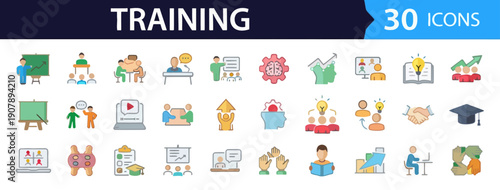 Collection of modern training icons featuring education and technology symbols in a grid layout on a clean background