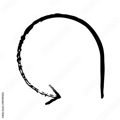 Rounded arrow loop grunge doodle design element. Circular pointing right. Undo sign. Curved process. Handdrawn pointer. Dynamic sketchy rough direction clipart. Distressed black ink line symbol