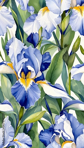 seamless pattern with blue iris flower