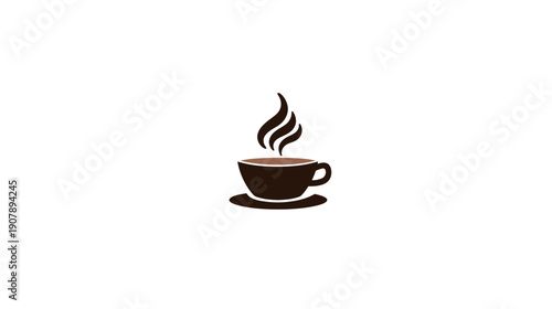 A minimalistic depiction of a dark brown coffee cup with steam rising from it